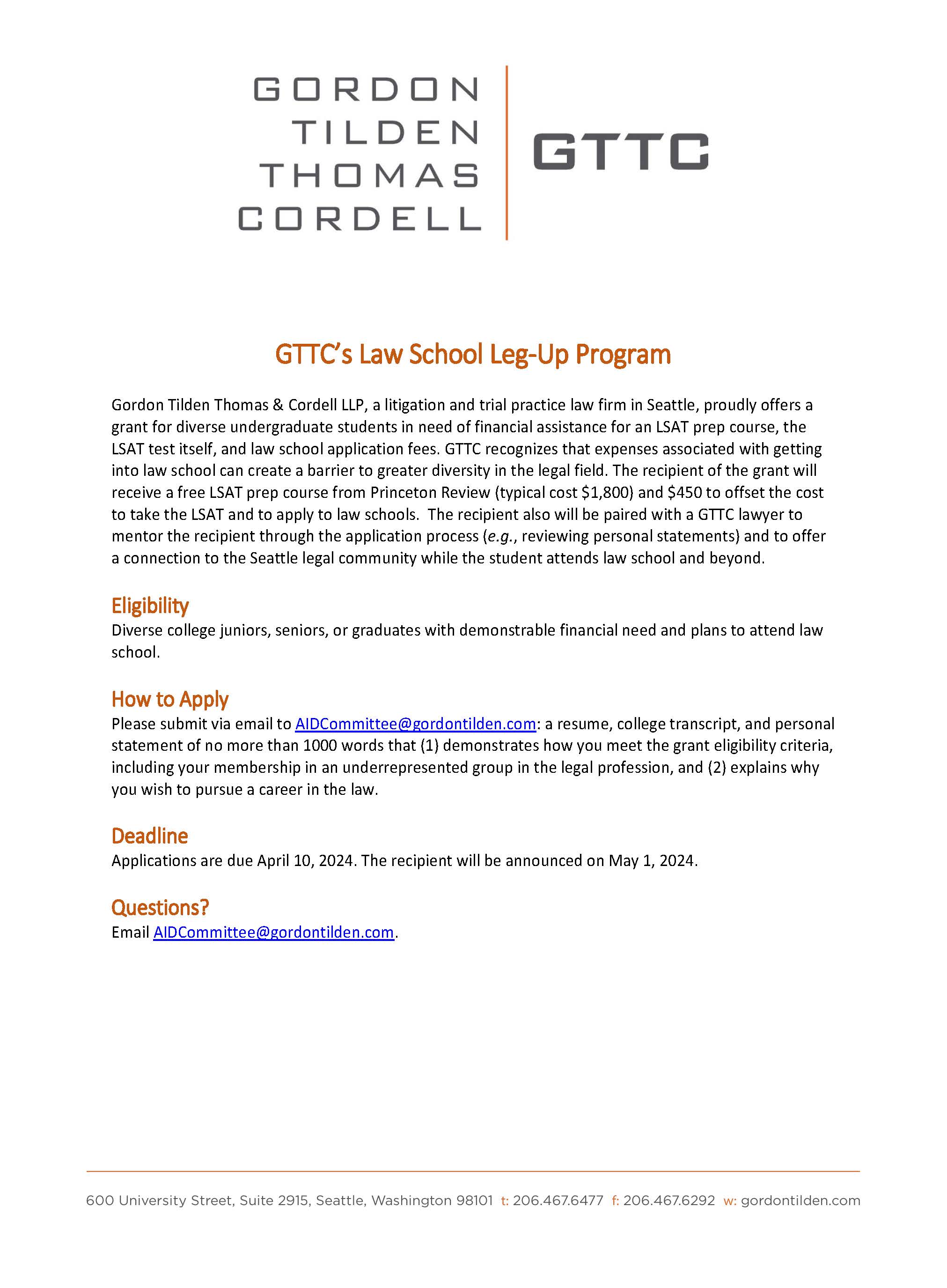 GTTC Law School Leg Up Program Flyer