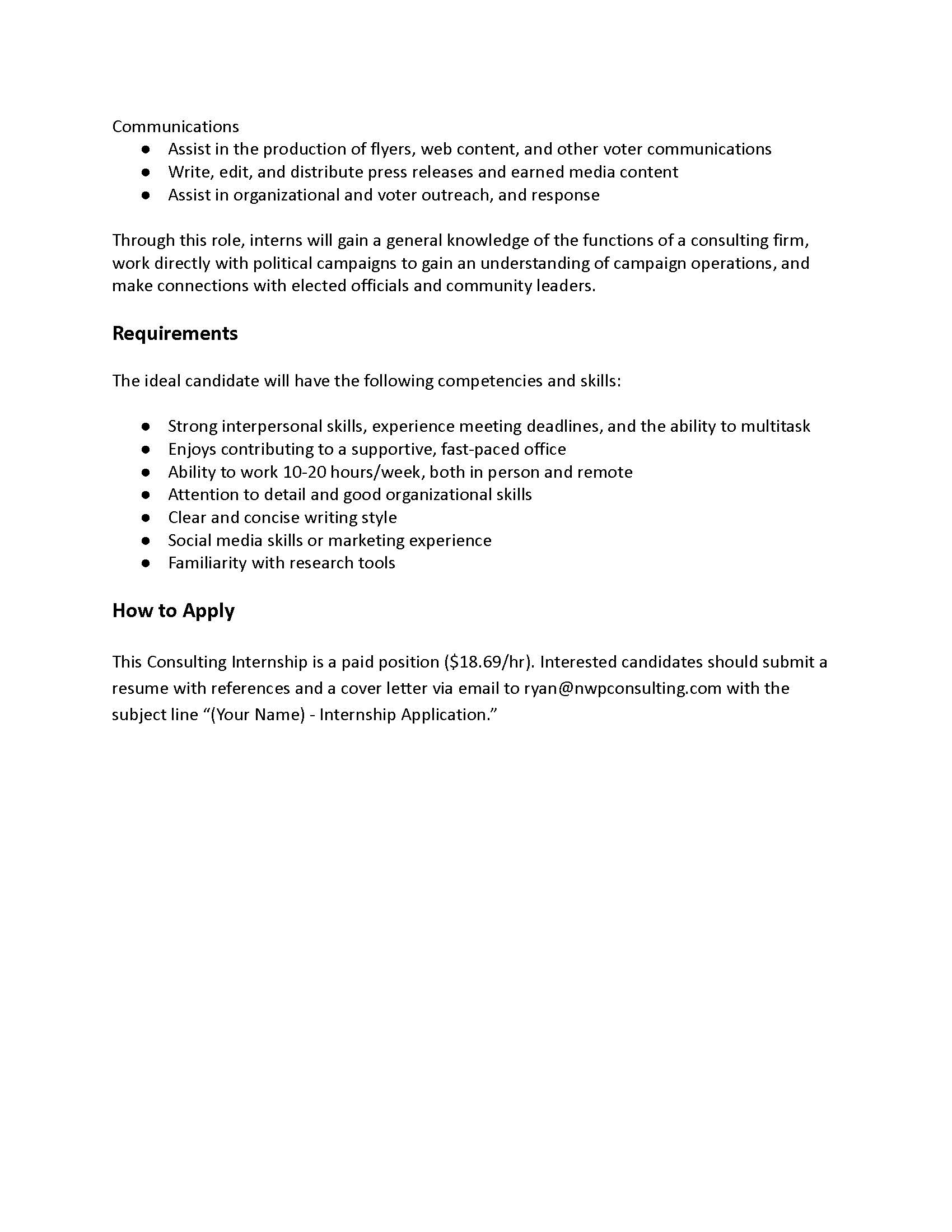 Fall Political Consulting Internship Opportunity Department of