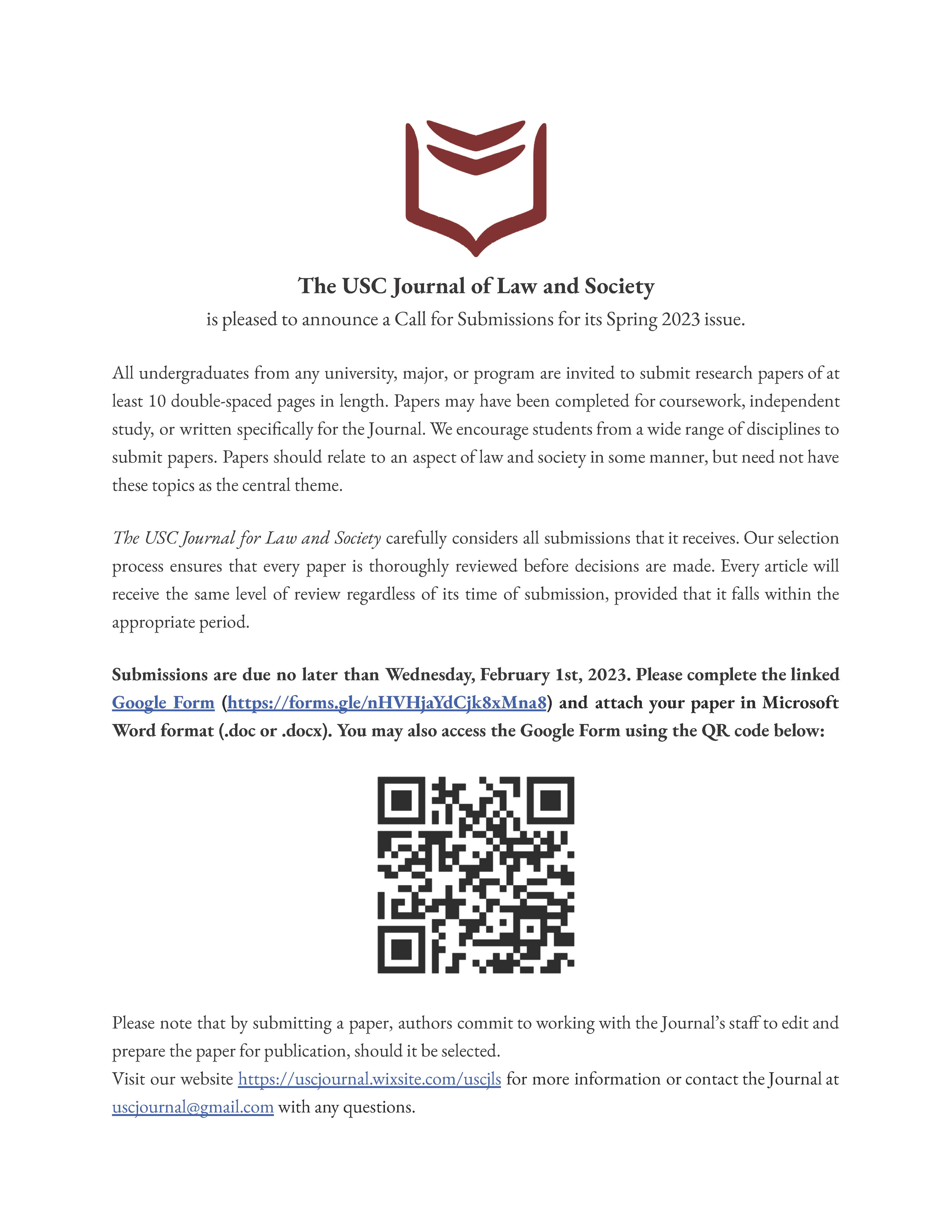 Call for Submissions: USC Journal of Law & Society, Feb 1 Deadline