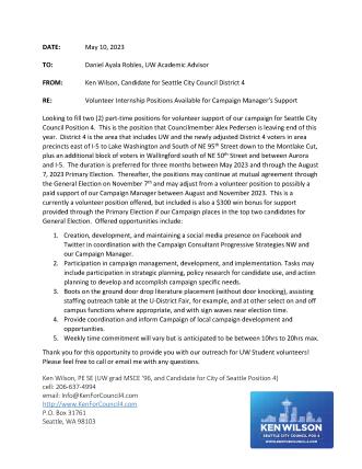 KenForCouncil4 - College Volunteer Request